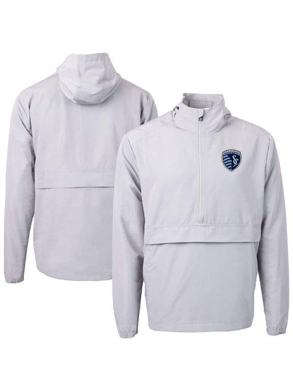 Men's-Cutter & Buck Gray Sporting Kansas City Charter Eco Recycled Anorak Hooded Half-Zip Jacket