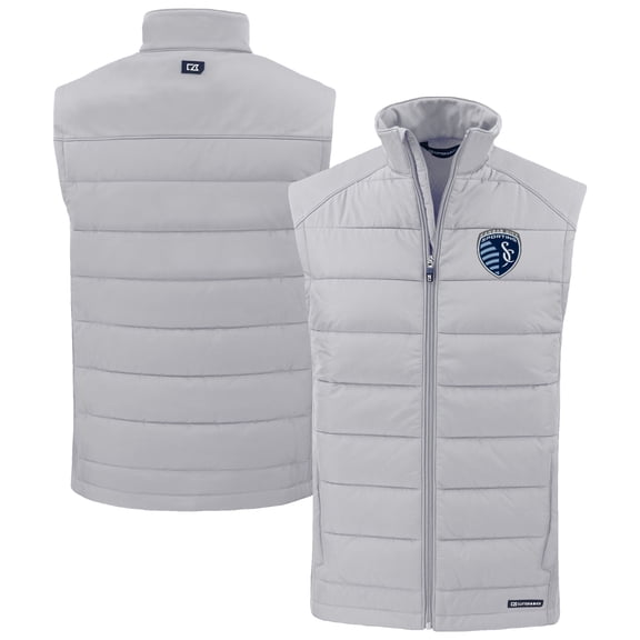Men's-Cutter & Buck  Gray Sporting Kansas City Evoke Hybrid Eco Softshell Recycled Full-Zip Vest