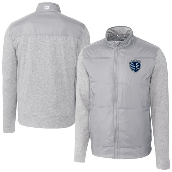 Men's-Cutter & Buck Gray Sporting Kansas City Stealth Hybrid Quilted Full-Zip Windbreaker Jacket