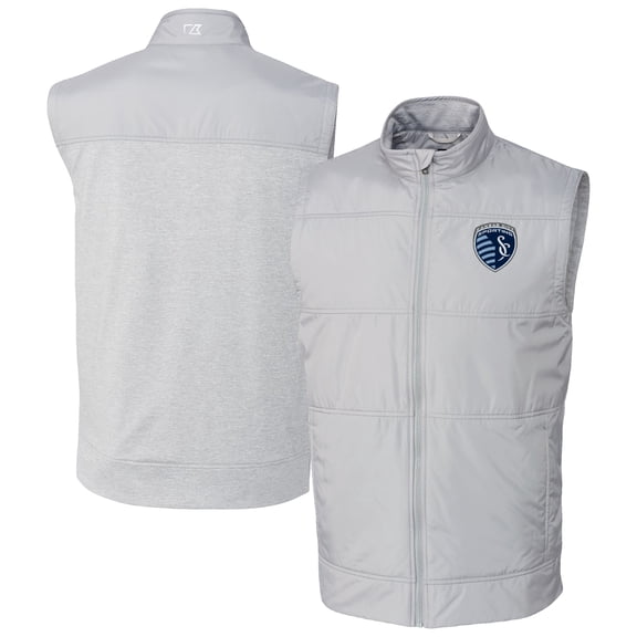 Men's-Cutter & Buck Gray Sporting Kansas City Stealth Hybrid Quilted Windbreaker Vest
