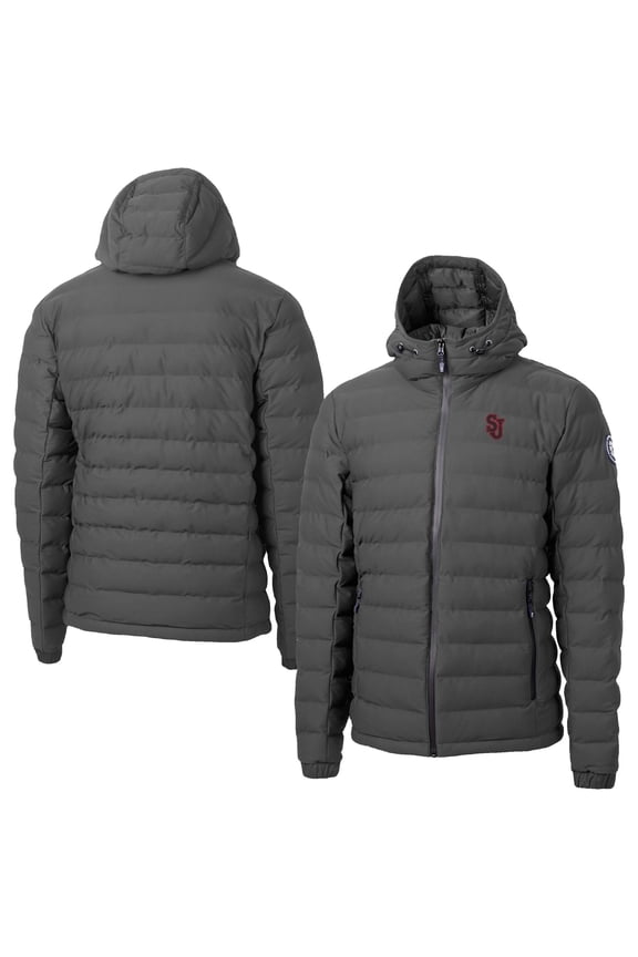 Men's-Cutter & Buck Gray St. John's Red Storm Mission Ridge Eco Insulated Repreve Hooded Full-Zip Puffer Jacket