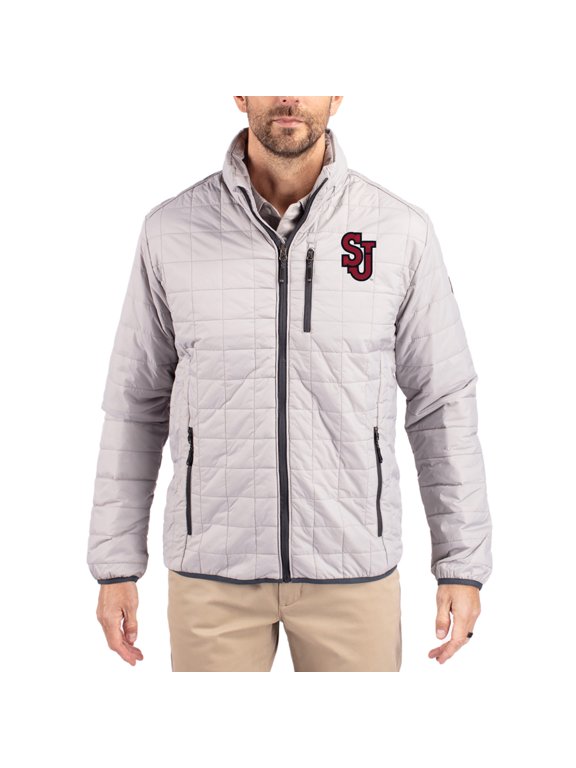 Men's-Cutter & Buck Gray St. John's Red Storm Rainier Eco Insulated PrimaLoft Full-Zip Puffer Jacket