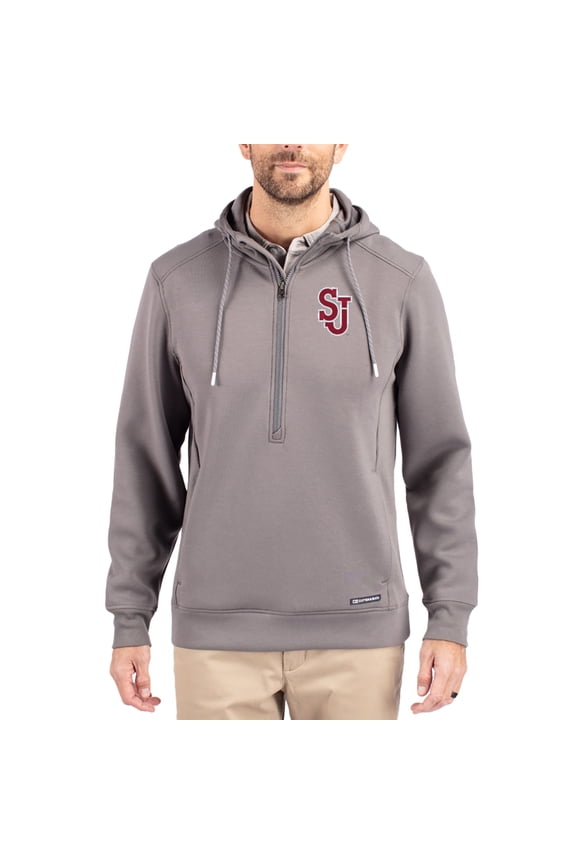 Men's-Cutter & Buck Gray St. John's Red Storm Roam Eco Recycled Half-Zip Pullover Hoodie