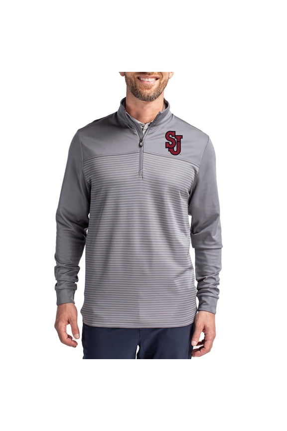 Men's-Cutter & Buck Gray St. John's Red Storm Traverse Stretch Eco Stripe DryTec Tri-Blend Quarter-Zip Pullover