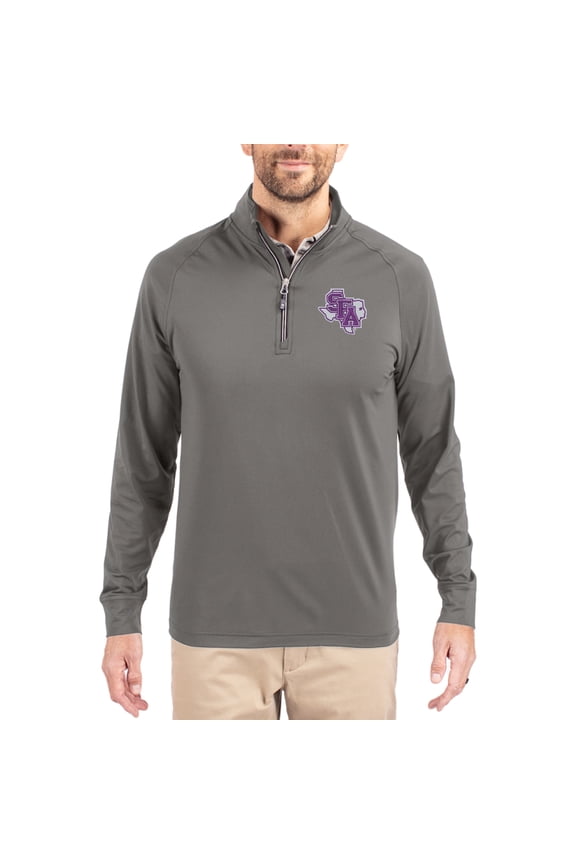 Men's Cutter & Buck Gray Stephen F Austin Lumberjacks Primary Logo Adapt Eco Knit Stretch Raglan Quarter-Zip Pullover