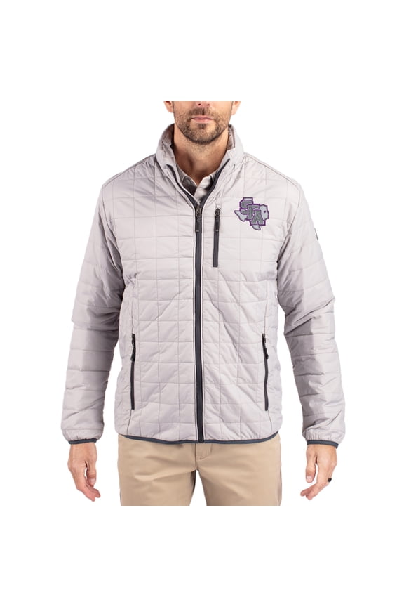 Men's-Cutter & Buck Gray Stephen F Austin Lumberjacks Rainier Eco Insulated PrimaLoft Full-Zip Puffer Jacket