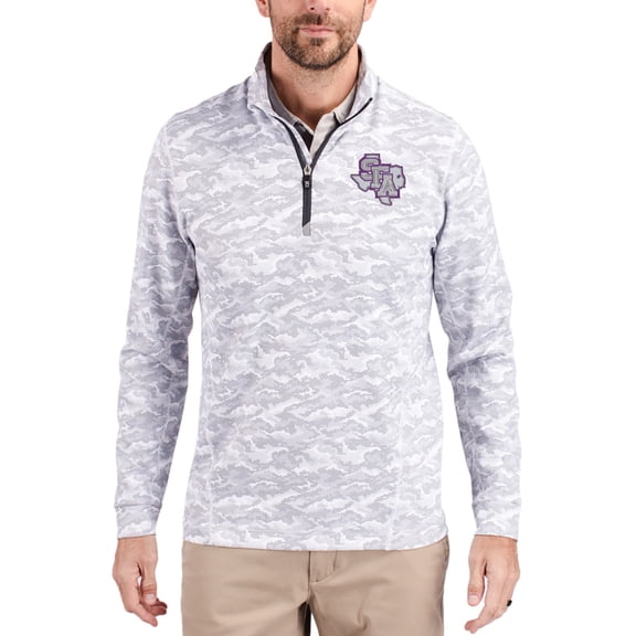 Men's-Cutter & Buck  Gray Stephen F Austin Lumberjacks Traverse Stretch Eco Camo DryTec Tri-Blend Quarter-Zip Pullover