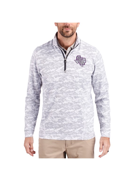 Men's-Cutter & Buck Gray Stephen F Austin Lumberjacks Traverse Stretch Eco Camo DryTec Tri-Blend Quarter-Zip Pullover