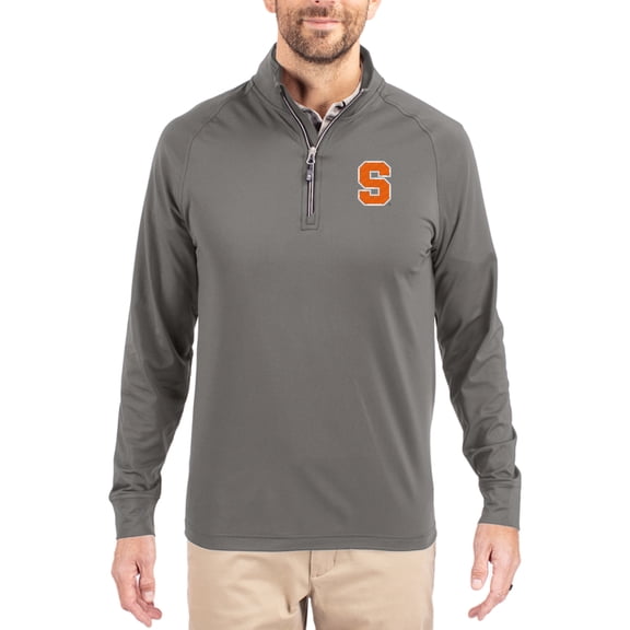 Men's Cutter & Buck Gray Syracuse Orange Primary Logo Adapt Eco Knit Stretch Raglan Quarter-Zip Pullover