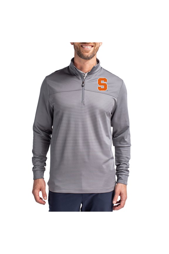 Men's-Cutter & Buck  Gray Syracuse Orange Traverse Stretch Eco Stripe DryTec Tri-Blend Quarter-Zip Pullover