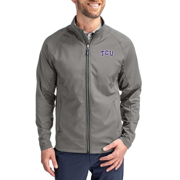 Men's Cutter & Buck Gray TCU Horned Frogs Primary Logo Adapt Eco Knit Raglan Full-Zip Jacket