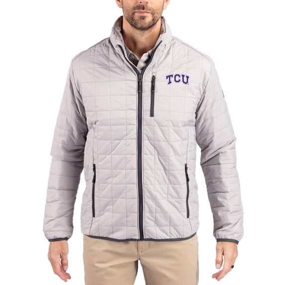 Men's-Cutter & Buck Gray TCU Horned Frogs Rainier Eco Insulated PrimaLoft Full-Zip Puffer Jacket