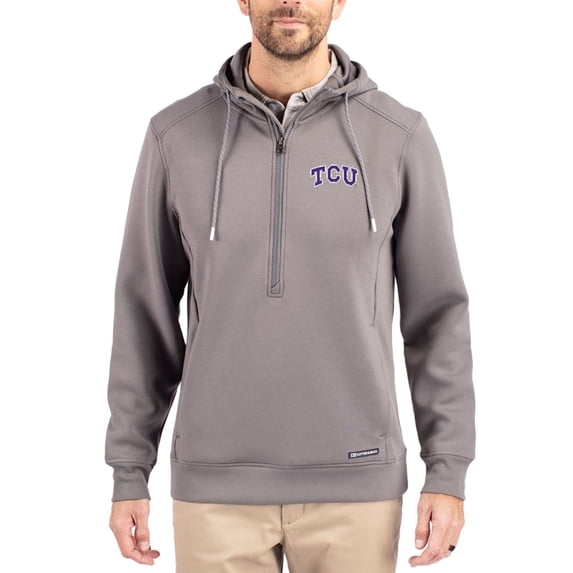 Men's-Cutter & Buck Gray TCU Horned Frogs Roam Eco Recycled Half-Zip Pullover Hoodie