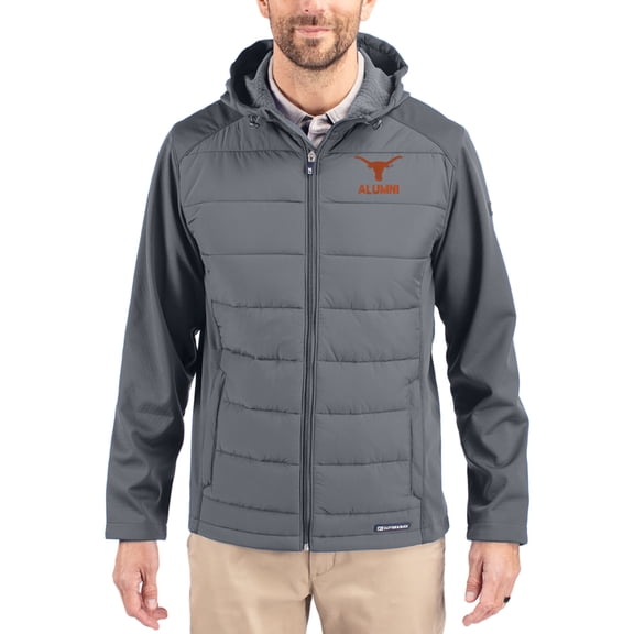 Men's Cutter & Buck Gray Texas Longhorns Evoke Hybrid Eco Softshell Recycled Full Zip Hooded Jacket