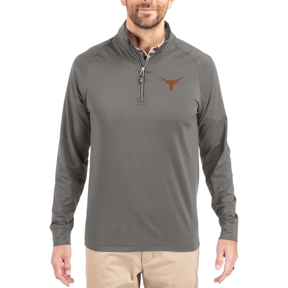 Men's Cutter & Buck Gray Texas Longhorns Primary Logo Adapt Eco Knit Stretch Raglan Quarter-Zip Pullover