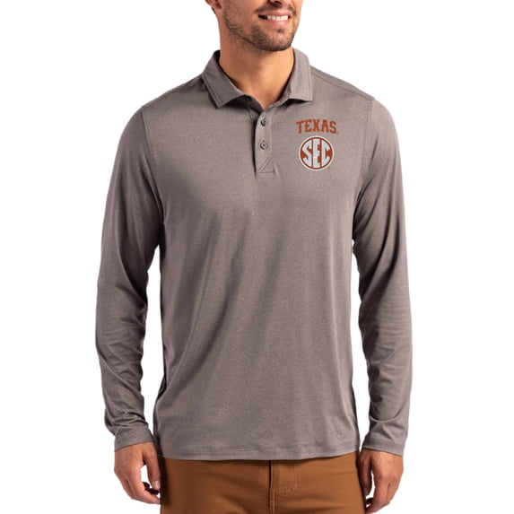 Men's Cutter & Buck Gray Texas Longhorns SEC Coastline Epic Comfort Long-Sleeve Polo