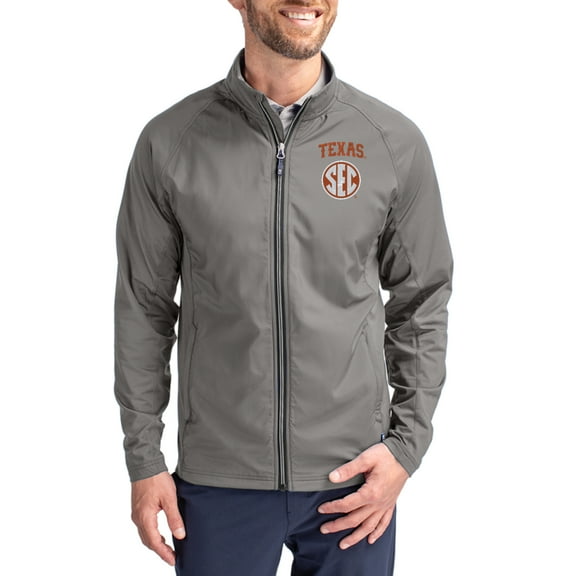 Men's Cutter & Buck Gray Texas Longhorns SEC Logo Adapt Eco Knit Raglan Full-Zip Jacket