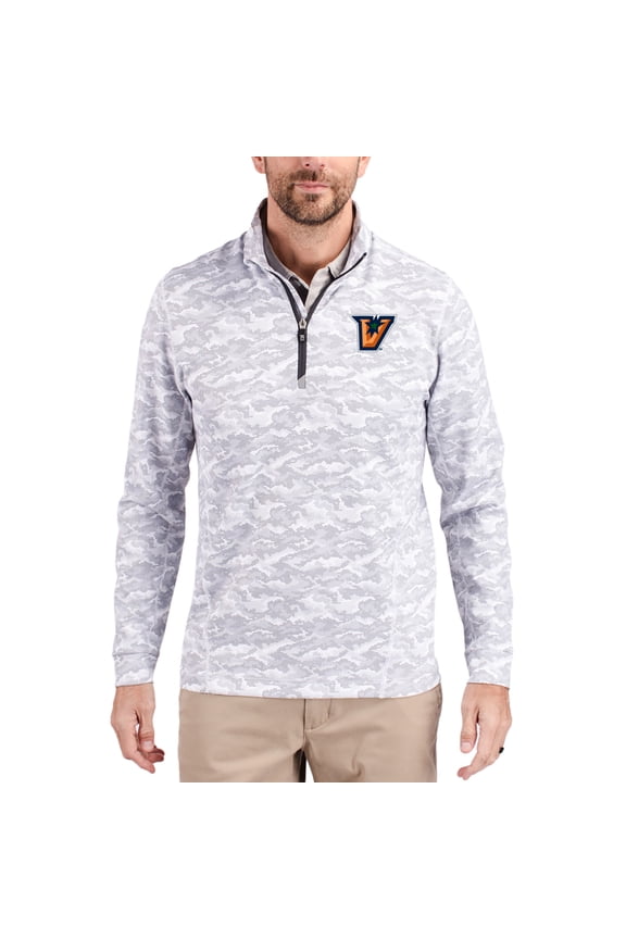 Men's-Cutter & Buck Gray Texas-Rio Grande Valley Vaqueros Traverse Stretch Eco Camo DryTec Tri-Blend Quarter-Zip