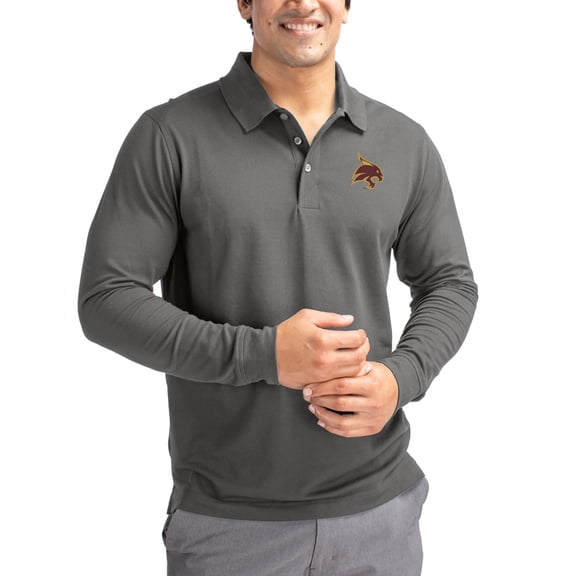 Men's Cutter & Buck Gray Texas State Bobcats Advantage Eco Tri-Blend Pique Long Sleeve Polo