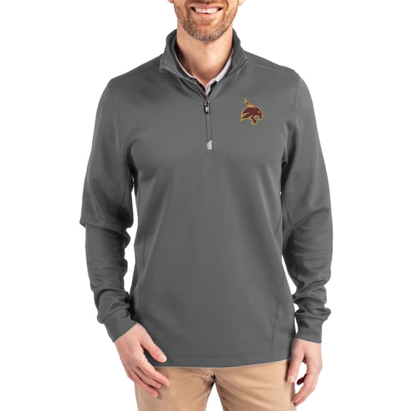 Men's-Cutter & Buck Gray Texas State Bobcats DryTec Traverse Stretch Eco Tri-Blend Quarter-Zip Pullover
