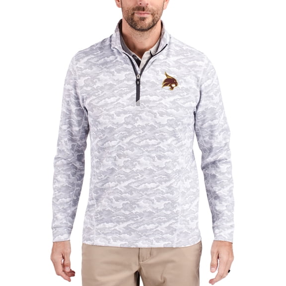 Men's-Cutter & Buck Gray Texas State Bobcats Traverse Stretch Eco Camo DryTec Tri-Blend Quarter-Zip Pullover