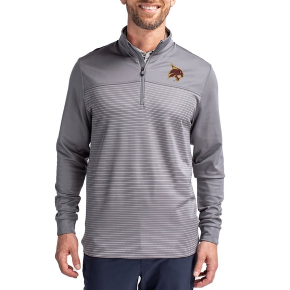 Men's-Cutter & Buck Gray Texas State Bobcats Traverse Stretch Eco Stripe DryTec Tri-Blend Quarter-Zip Pullover