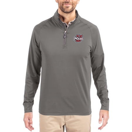 Men's Cutter & Buck Gray UMass Minutemen Primary Logo Adapt Eco Knit Stretch Raglan Quarter-Zip Pullover