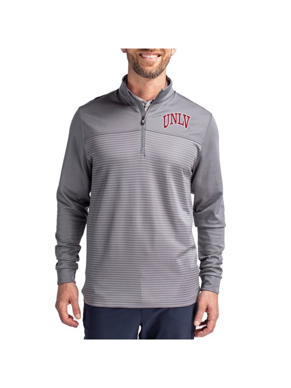 Men's-Cutter & Buck Gray UNLV Rebels Traverse Stretch Eco Stripe DryTec Tri-Blend Quarter-Zip Pullover