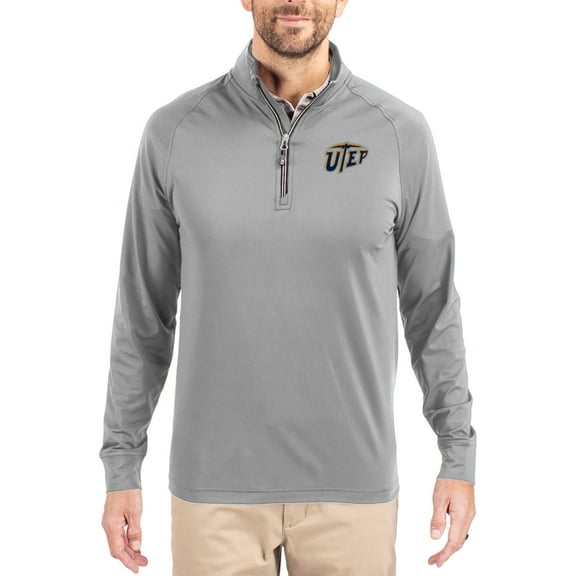 Men's Cutter & Buck Gray UTEP Miners Adapt Eco Knit Stretch Recycled Quarter-Zip Pullover