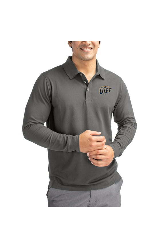 Men's Cutter & Buck Gray UTEP Miners Advantage Eco Tri-Blend Pique Long Sleeve Polo
