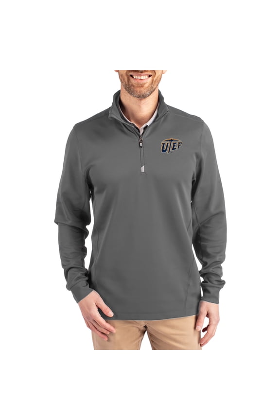 Men's-Cutter & Buck Gray UTEP Miners DryTec Traverse Stretch Eco Tri-Blend Quarter-Zip Pullover