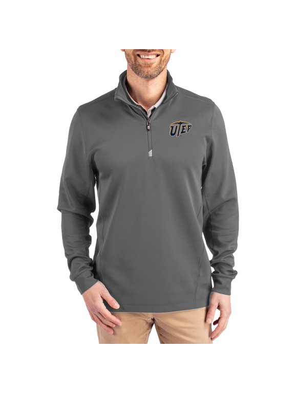 Men's-Cutter & Buck Gray UTEP Miners DryTec Traverse Stretch Eco Tri-Blend Quarter-Zip Pullover