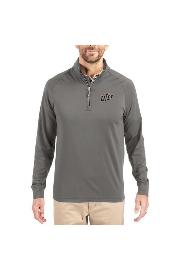 Men's Cutter & Buck Gray UTEP Miners Primary Logo Adapt Eco Knit Stretch Raglan Quarter-Zip Pullover