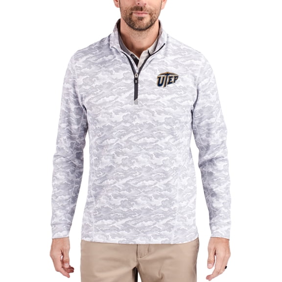 Men's-Cutter & Buck Gray UTEP Miners Traverse Stretch Eco Camo DryTec Tri-Blend Quarter-Zip Pullover