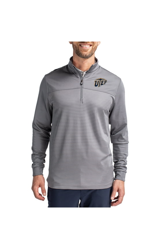 Men's-Cutter & Buck Gray UTEP Miners Traverse Stretch Eco Stripe DryTec Tri-Blend Quarter-Zip Pullover