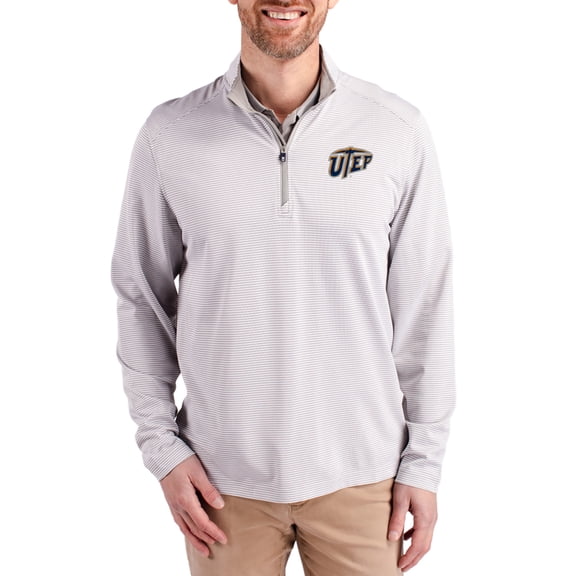 Men's-Cutter & Buck Gray UTEP Miners Virtue Micro Stripe DryTec Quarter-Zip Pullover