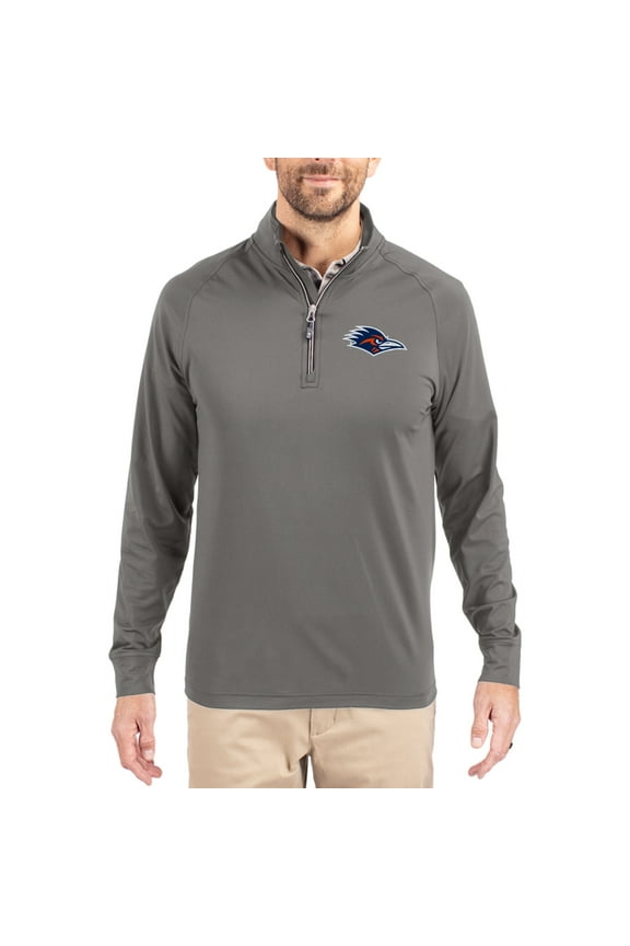 Men's Cutter & Buck Gray UTSA Roadrunners Primary Logo Adapt Eco Knit Stretch Raglan Quarter-Zip Pullover
