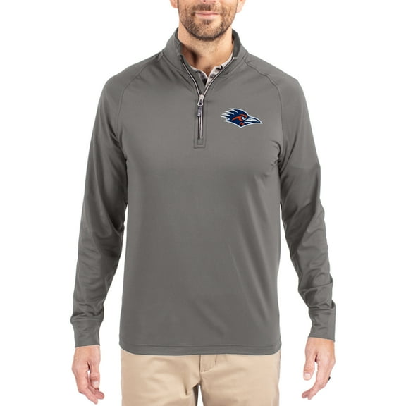 Men's Cutter & Buck Gray UTSA Roadrunners Primary Logo Adapt Eco Knit Stretch Raglan Quarter-Zip Pullover