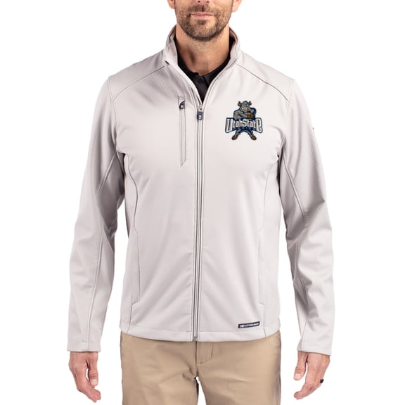 Men's Cutter & Buck Gray Utah State Aggies Evoke Eco Softshell Recycled Full-Zip Jacket