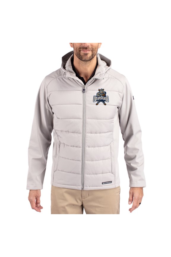 Men's Cutter & Buck Gray Utah State Aggies Evoke Hybrid Eco Softshell Recycled Full Zip Hooded Jacket
