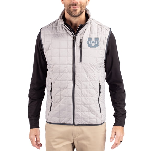 Men's-Cutter & Buck Gray Utah State Aggies Rainier Eco Insulated PrimaLoft Full-Zip Puffer Vest