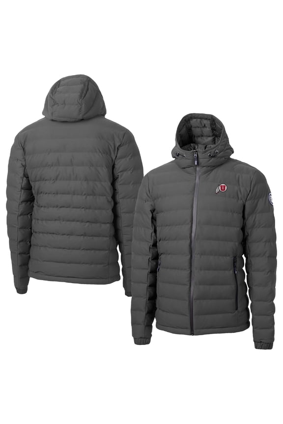 Men's-Cutter & Buck  Gray Utah Utes Mission Ridge Eco Insulated Repreve Hooded Full-Zip Puffer Jacket