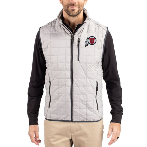 Men's-Cutter & Buck Gray Utah Utes Rainier Eco Insulated PrimaLoft Full-Zip Puffer Vest
