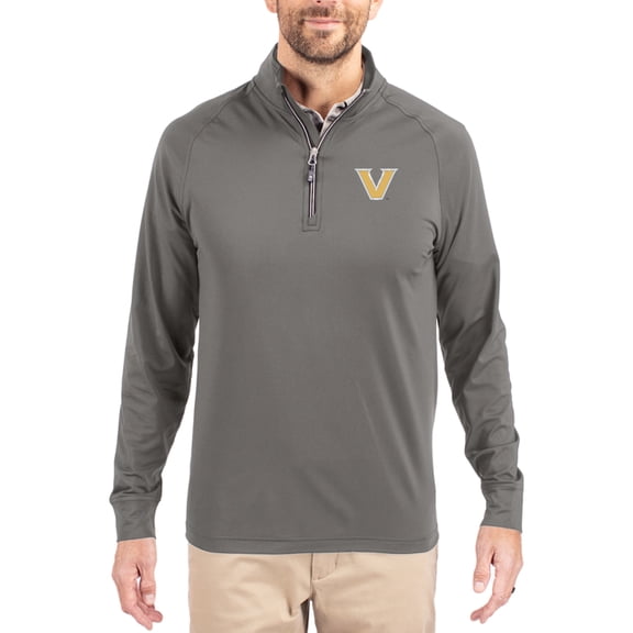 Men's Cutter & Buck Gray Vanderbilt Commodores Primary Logo Adapt Eco Knit Stretch Raglan Quarter-Zip Pullover