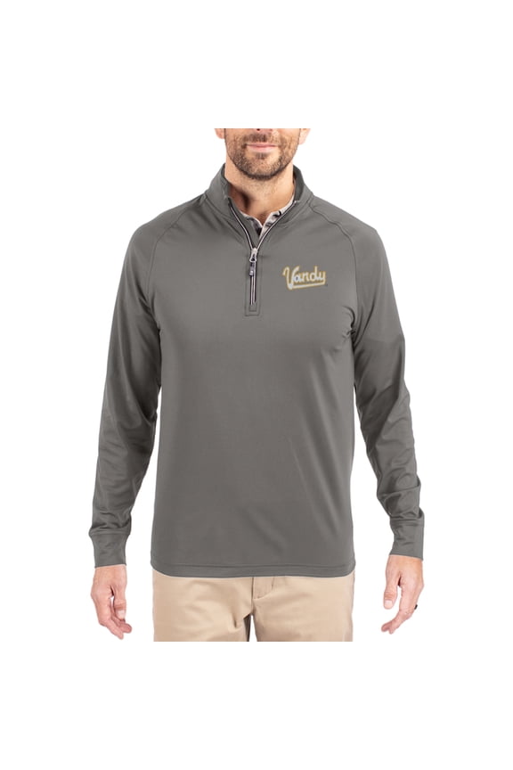 Men's Cutter & Buck Gray Vanderbilt Commodores Vault Logo Adapt Eco Knit Stretch Raglan Quarter-Zip Pullover