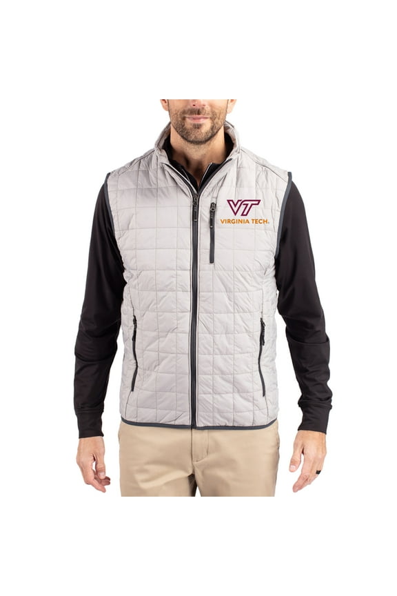 Men's-Cutter & Buck Gray Virginia Tech Hokies Rainier Eco Insulated PrimaLoft Full-Zip Puffer Vest