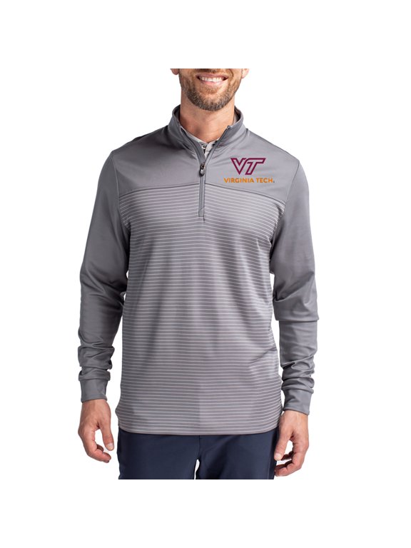 Men's-Cutter & Buck Gray Virginia Tech Hokies Traverse Stretch Eco Stripe DryTec Tri-Blend Quarter-Zip Pullover
