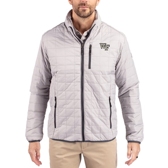 Men's-Cutter & Buck Gray Wake Forest Demon Deacons Rainier Eco Insulated PrimaLoft Full-Zip Puffer Jacket