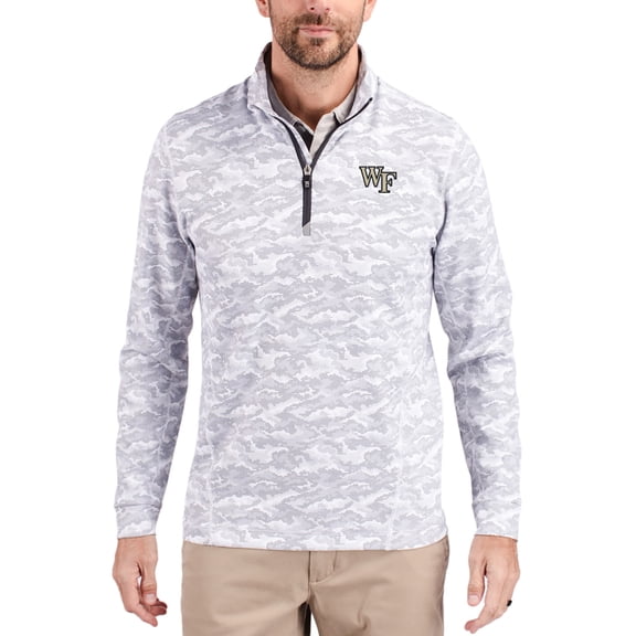 Men's-Cutter & Buck Gray Wake Forest Demon Deacons Traverse Stretch Eco Camo DryTec Tri-Blend Quarter-Zip Pullover