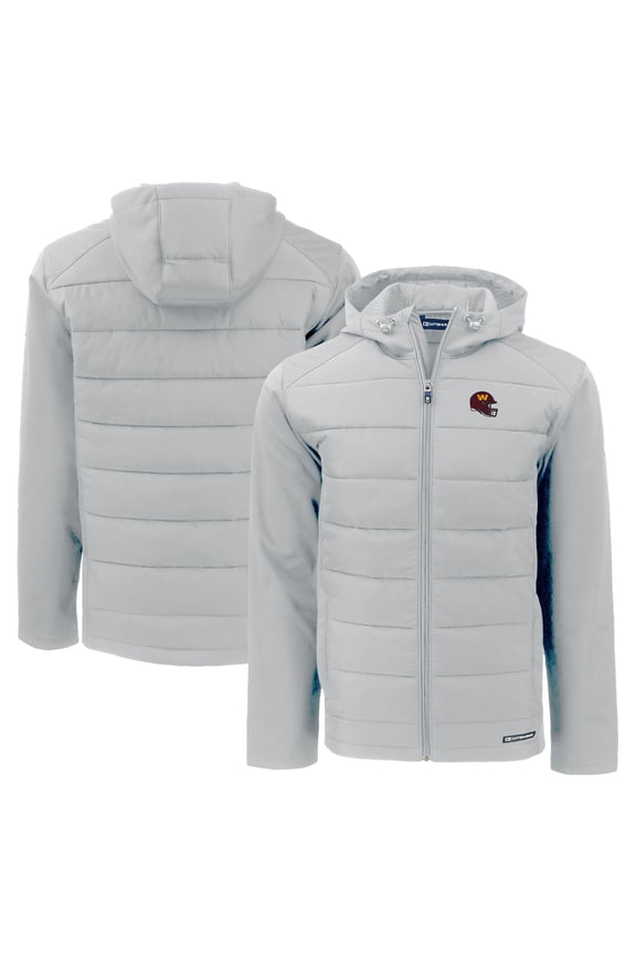 Men's Cutter & Buck Gray Washington Commanders Helmet Evoke Hybrid Eco Softshell Recycled Full-Zip Hoodie Jacket